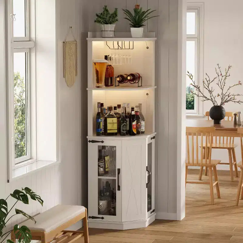 67.3 Farmhouse Corner Bar Cabinet with LED Lights, Power Outlets/USB Ports, Glass Rack & Adjustable Shelves, White - ModernLuxe