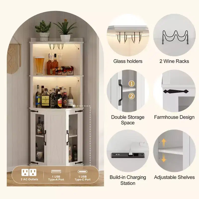 67.3 Farmhouse Corner Bar Cabinet with LED Lights, Power Outlets/USB Ports, Glass Rack & Adjustable Shelves, White - ModernLuxe