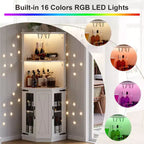 67.3 Farmhouse Corner Bar Cabinet with LED Lights, Power Outlets/USB Ports, Glass Rack & Adjustable Shelves, White - ModernLuxe