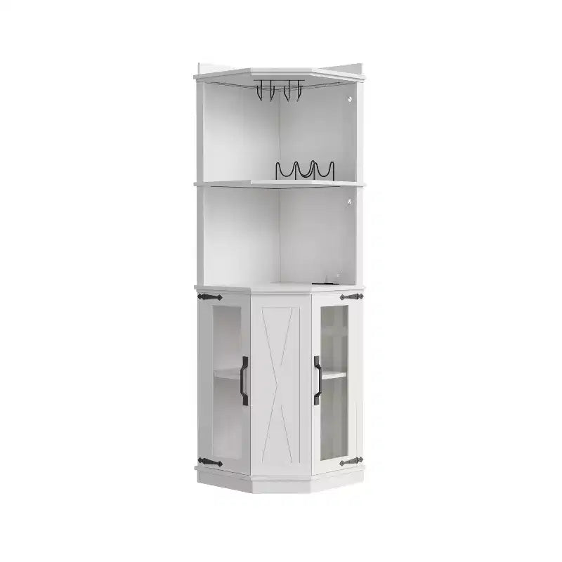 67.3 Farmhouse Corner Bar Cabinet with LED Lights, Power Outlets/USB Ports, Glass Rack & Adjustable Shelves, White - ModernLuxe