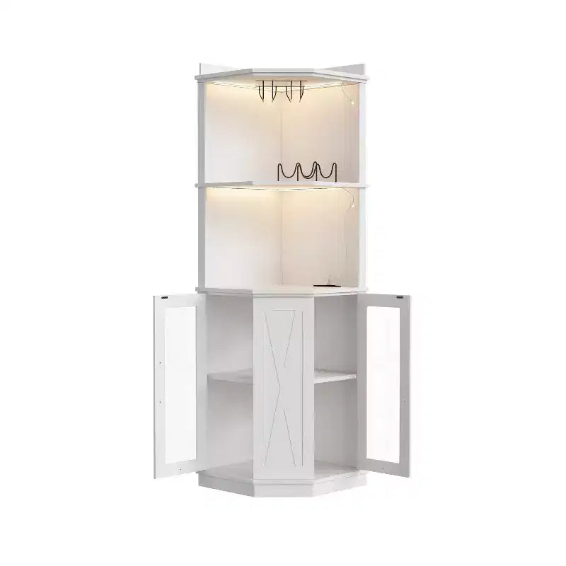 67.3 Farmhouse Corner Bar Cabinet with LED Lights, Power Outlets/USB Ports, Glass Rack & Adjustable Shelves, White - ModernLuxe