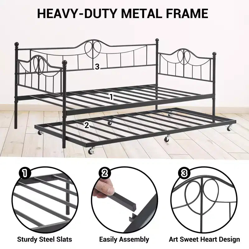 Twin Daybed with Trundle Bed, Black Daybed with Backrest, Bed Frame with Pull-Out Trundle, Heavy Duty Steel Slats Supports, for Guest Room