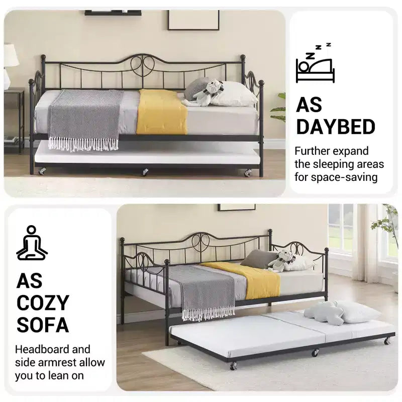 Twin Daybed with Trundle Bed, Black Daybed with Backrest, Bed Frame with Pull-Out Trundle, Heavy Duty Steel Slats Supports, for Guest Room