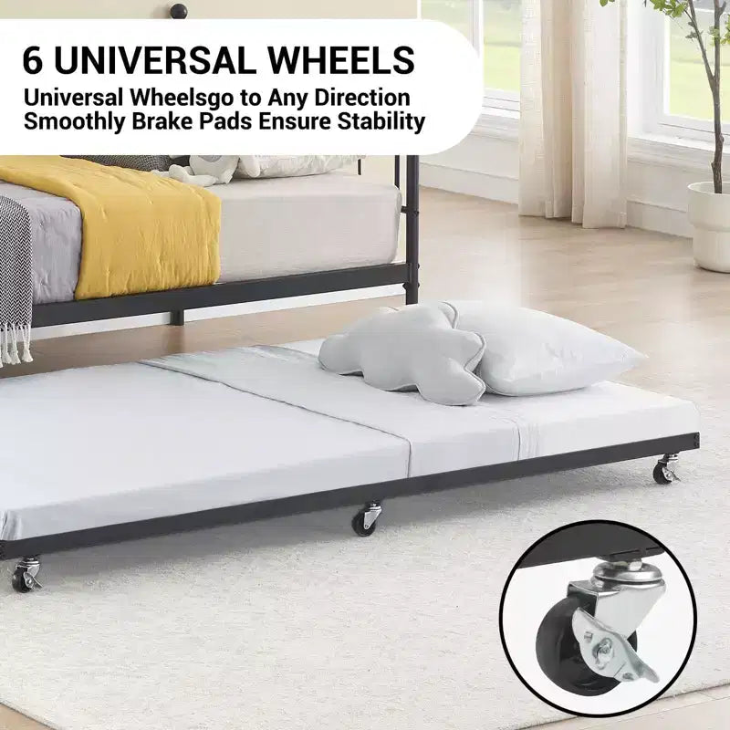 Twin Daybed with Trundle Bed, Black Daybed with Backrest, Bed Frame with Pull-Out Trundle, Heavy Duty Steel Slats Supports, for Guest Room