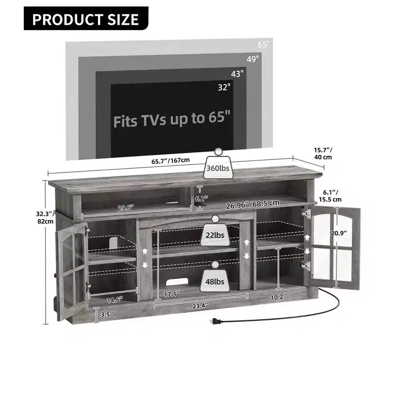 Meuble TV de ferme à LED pour téléviseur de 75 pouces, centre de divertissement avec portes en verre et prises de courant, meuble console média pour salon, gris