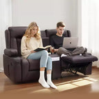 VEVOR Loveseat Recliner Sofa, PU Faux Leather Recliner Sofa with USB Ports, Cup Holders and Storage Bags, Brown