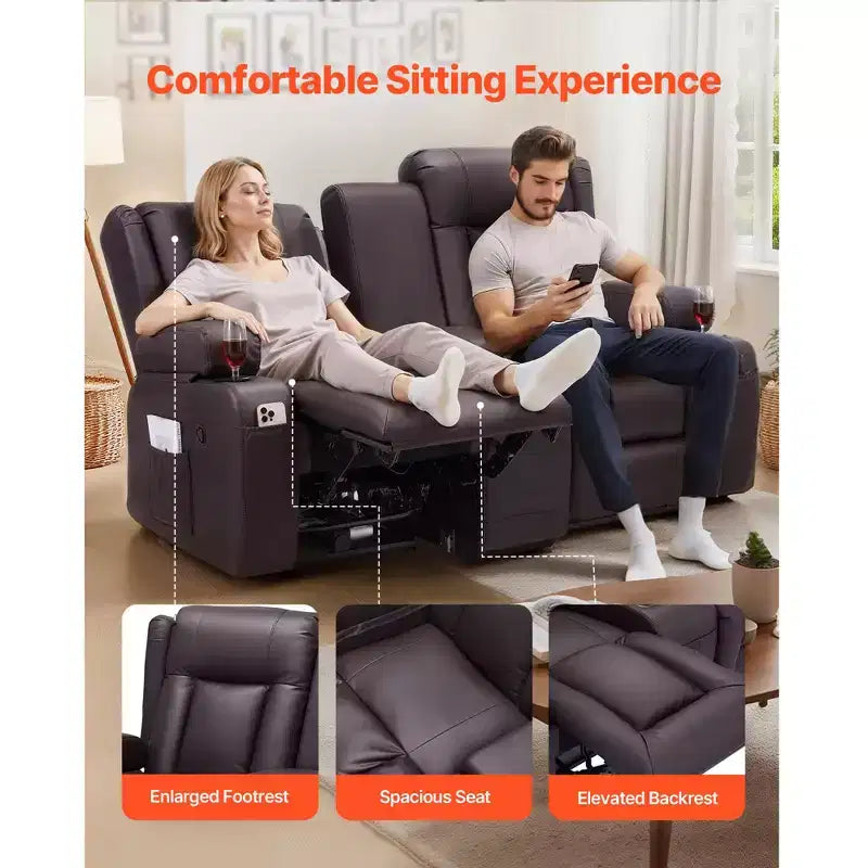 VEVOR Loveseat Recliner Sofa, PU Faux Leather Recliner Sofa with USB Ports, Cup Holders and Storage Bags, Brown