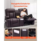 VEVOR Loveseat Recliner Sofa, PU Faux Leather Recliner Sofa with USB Ports, Cup Holders and Storage Bags, Brown