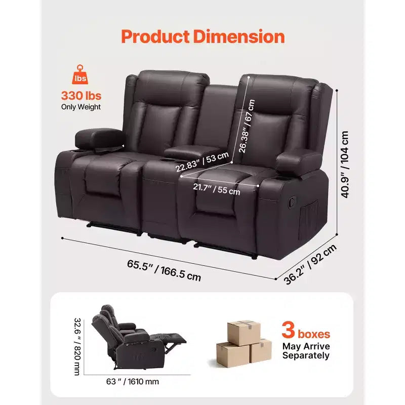 VEVOR Loveseat Recliner Sofa, PU Faux Leather Recliner Sofa with USB Ports, Cup Holders and Storage Bags, Brown