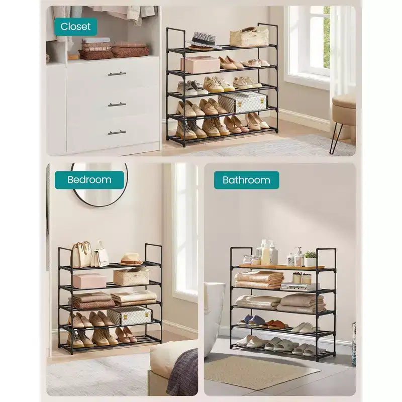 Étagère à chaussures empilable à 5 niveaux, organisateur de chaussures en métal de 92 cm avec capacité de 10 kg par niveau, droite et réversible pour l'entrée, noir