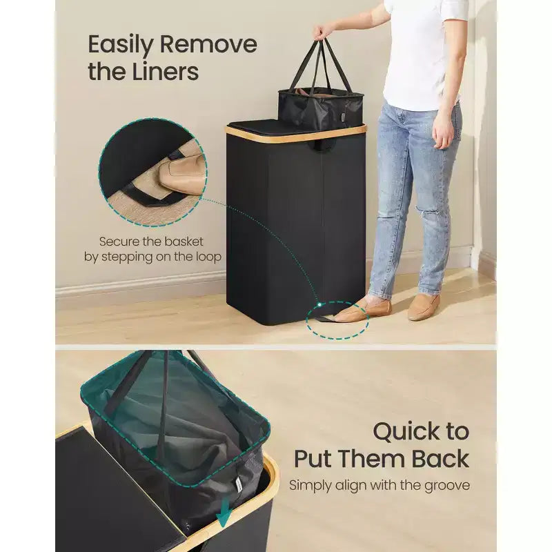 Laundry Hamper with 2 Lids, 39 Gal Dual Compartment Basket with Removable Liners, for Laundry Room Bedroom Living Room