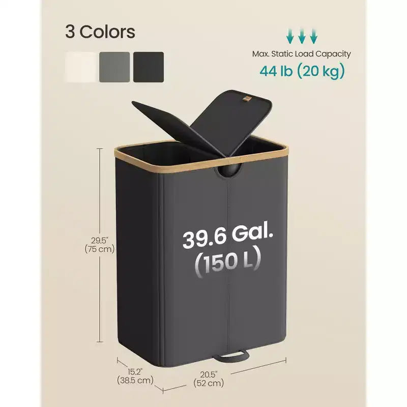Laundry Hamper with 2 Lids, 39 Gal Dual Compartment Basket with Removable Liners, for Laundry Room Bedroom Living Room