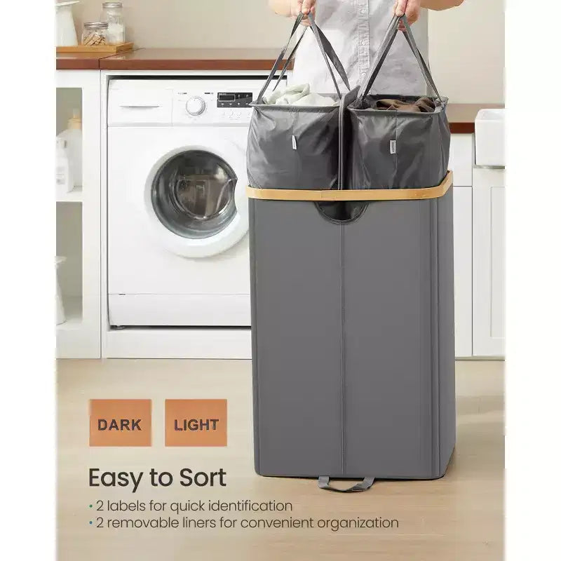 Laundry Hamper with 2 Lids, 39 Gal Dual Compartment Basket with Removable Liners, for Laundry Room Bedroom Living Room