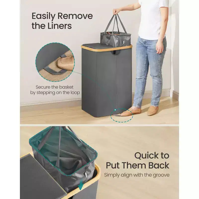 Laundry Hamper with 2 Lids, 39 Gal Dual Compartment Basket with Removable Liners, for Laundry Room Bedroom Living Room