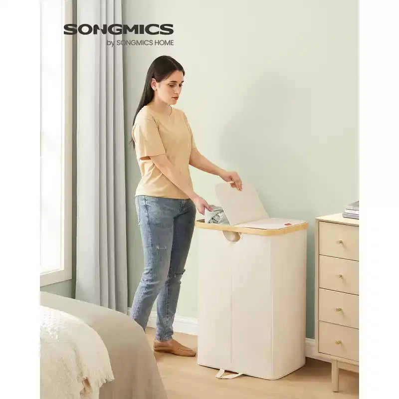 Laundry Hamper with 2 Lids, 39 Gal Dual Compartment Basket with Removable Liners, for Laundry Room Bedroom Living Room