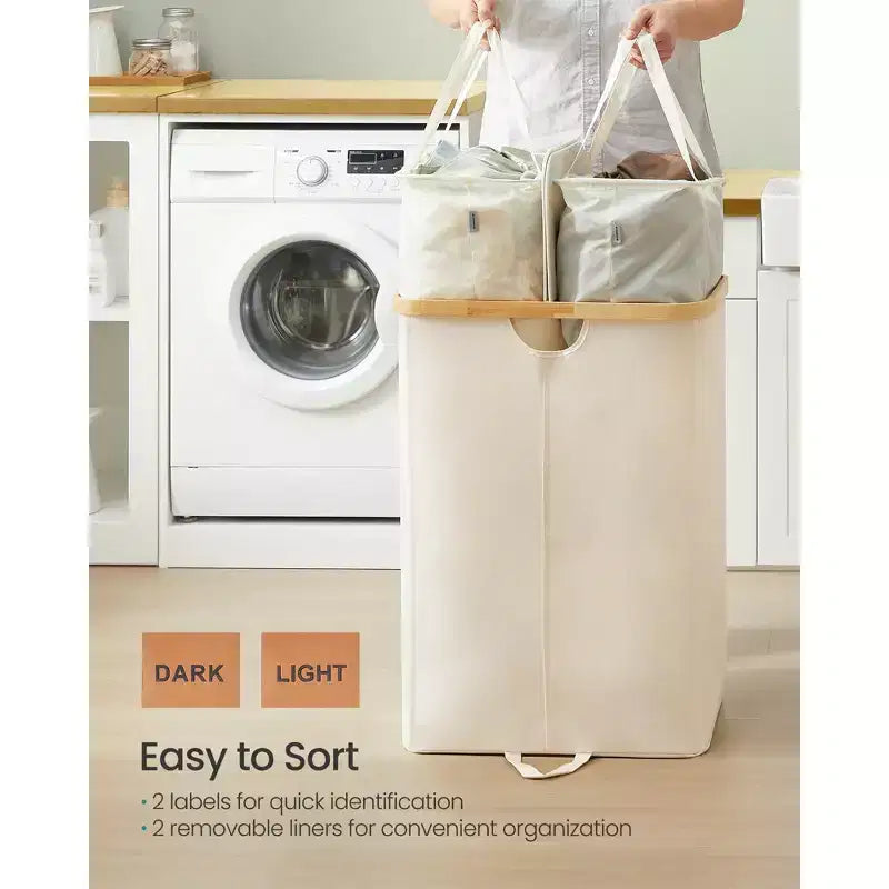 Laundry Hamper with 2 Lids, 39 Gal Dual Compartment Basket with Removable Liners, for Laundry Room Bedroom Living Room