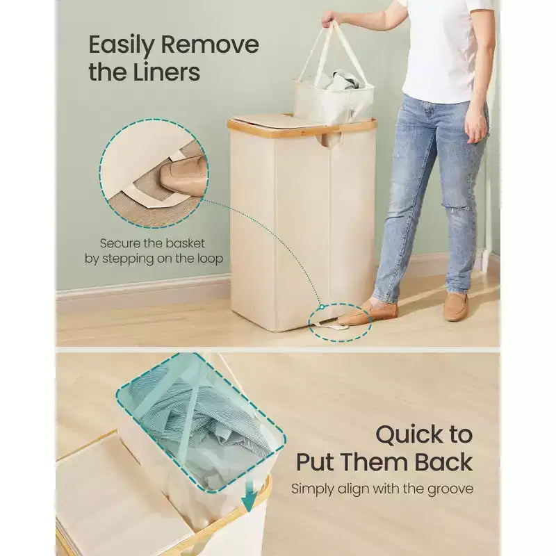 Laundry Hamper with 2 Lids, 39 Gal Dual Compartment Basket with Removable Liners, for Laundry Room Bedroom Living Room