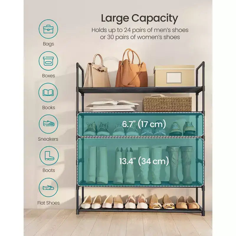 6-Tier Stackable Shoe Rack, 36.2 Inch Metal Shoe Organizer with 22 lb per Tier Capacity, Upright & Reversible for Entryway, Black