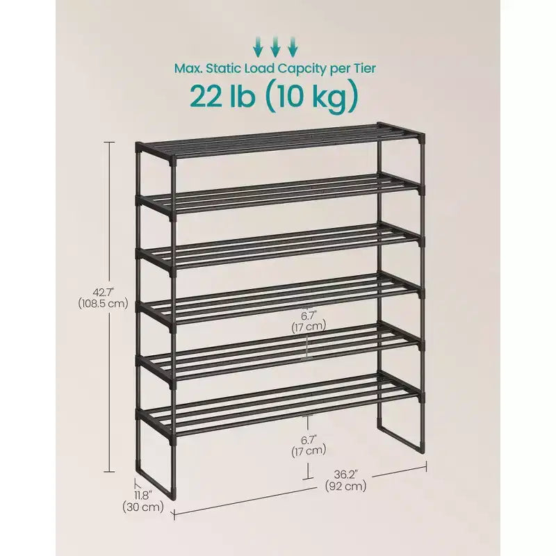 6-Tier Stackable Shoe Rack, 36.2 Inch Metal Shoe Organizer with 22 lb per Tier Capacity, Upright & Reversible for Entryway, Black