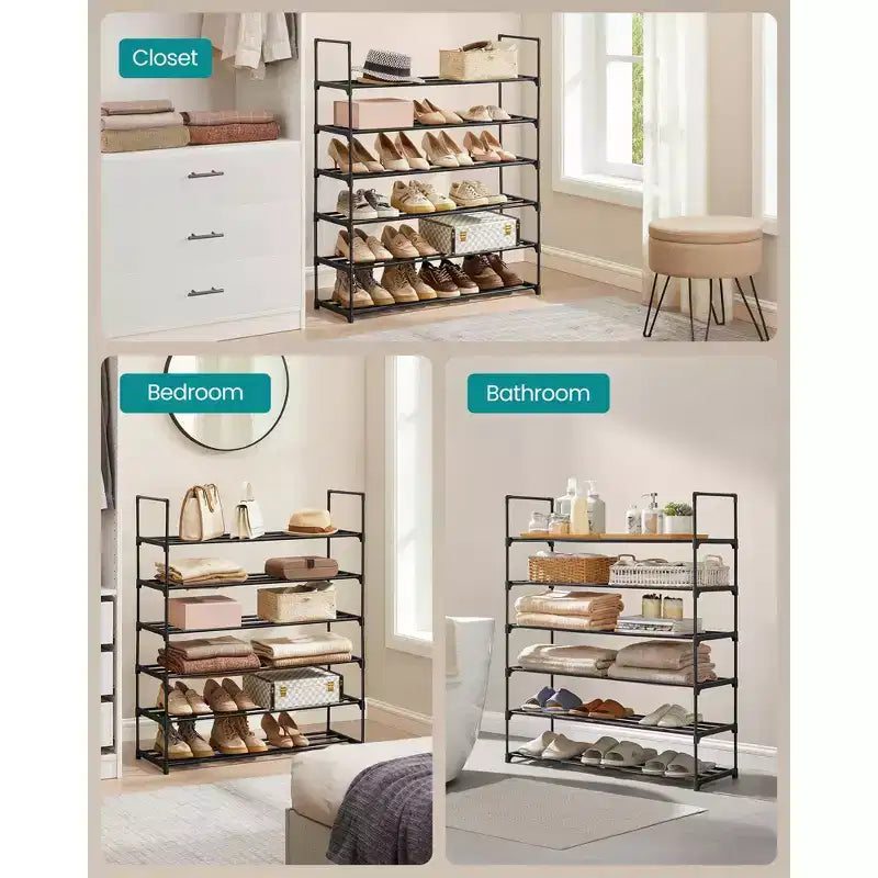 6-Tier Stackable Shoe Rack, 36.2 Inch Metal Shoe Organizer with 22 lb per Tier Capacity, Upright & Reversible for Entryway, Black