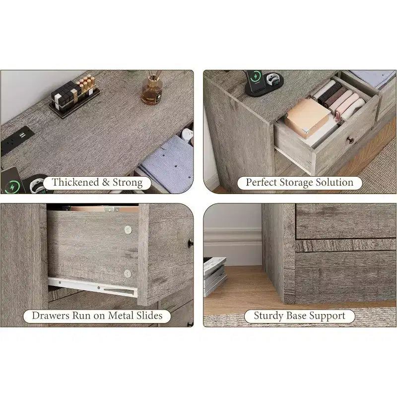 Acekool Commode à 12 tiroirs avec prises de courant, organiseur de rangement en bois de 61 pouces pour chambre à coucher, salon, couloir
