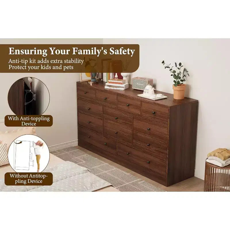 Acekool Commode à 12 tiroirs avec prises de courant, organiseur de rangement en bois de 61 pouces pour chambre à coucher, salon, couloir