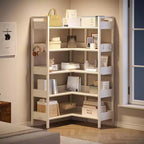 Étagère d'angle robuste à 5 niveaux avec cadre en métal, fonction convertible et 4 crochets, conçue pour durer dans le salon, la chambre ou le bureau à domicile.