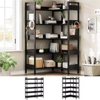 Étagère d'angle robuste à 5 niveaux avec cadre en métal, fonction convertible et 4 crochets, conçue pour durer dans le salon, la chambre ou le bureau à domicile.