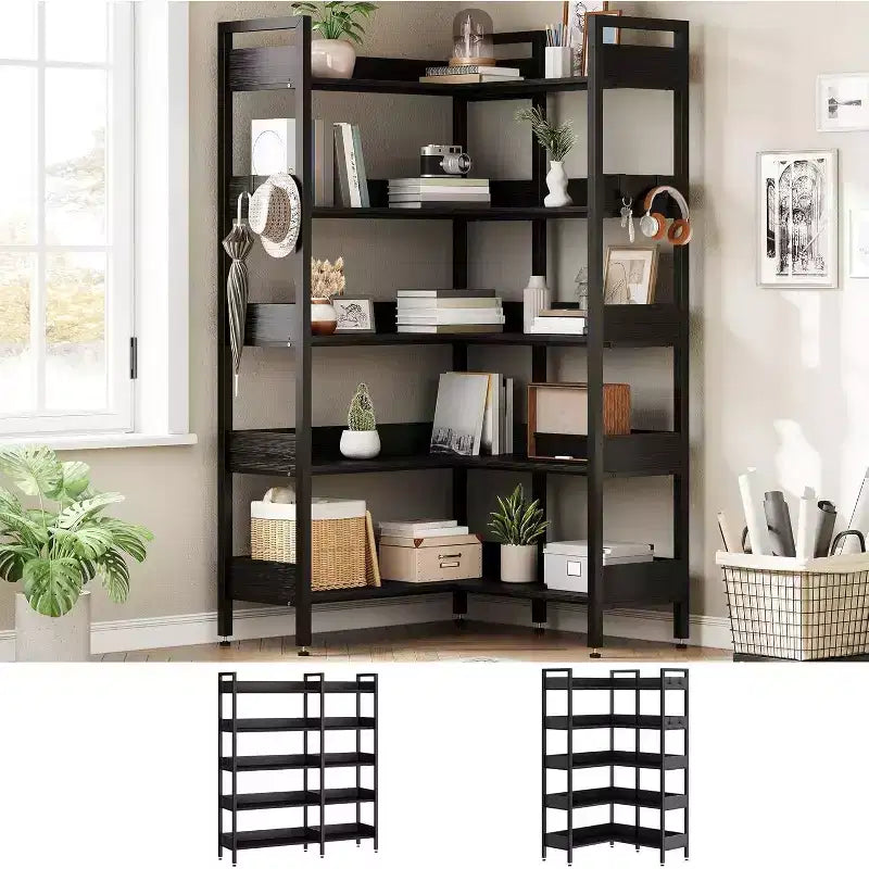 Étagère d'angle robuste à 5 niveaux avec cadre en métal, fonction convertible et 4 crochets, conçue pour durer dans le salon, la chambre ou le bureau à domicile.