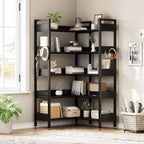 Étagère d'angle robuste à 5 niveaux avec cadre en métal, fonction convertible et 4 crochets, conçue pour durer dans le salon, la chambre ou le bureau à domicile.
