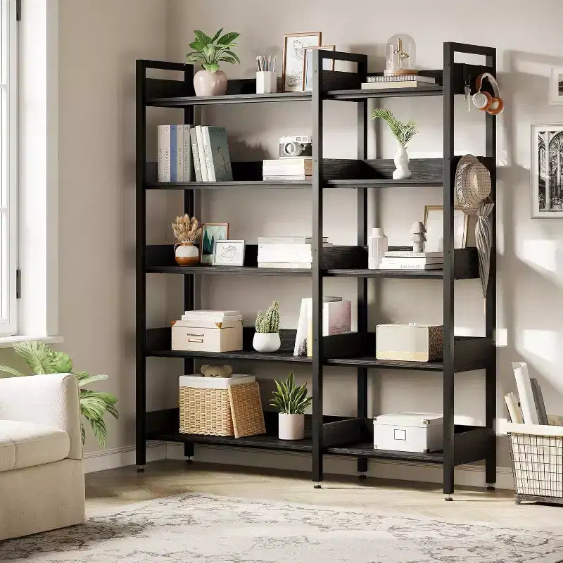 Sturdy 5-Tier Corner Bookshelf with Metal Frame, Convertible Feature, and 4 HooksBuilt for Longevity in Living Room, Bedroom, or Home Office