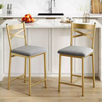 Bar Stools Set of 2, Counter Height Barstools w/Footrest & Back, Modern Upholstered Bar Chairs, Metal Bar Stools for Kitchen Counter, Island