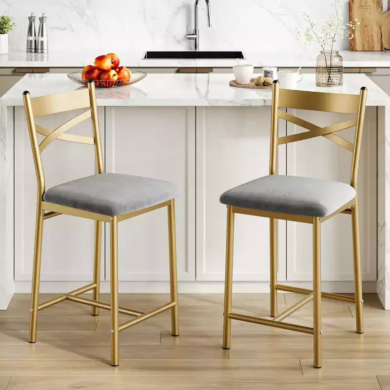 Bar Stools Set of 2, Counter Height Barstools w/Footrest & Back, Modern Upholstered Bar Chairs, Metal Bar Stools for Kitchen Counter, Island
