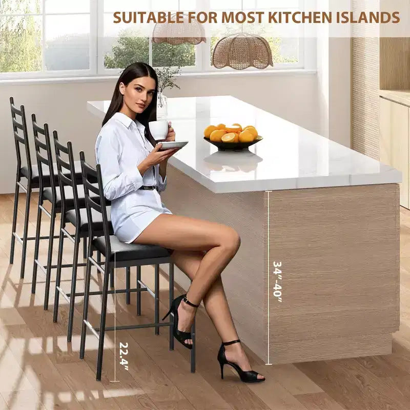 Bar Stools Set of 2, Counter Height Barstools w/Footrest & Back, Modern Upholstered Bar Chairs, Metal Bar Stools for Kitchen Counter, Island