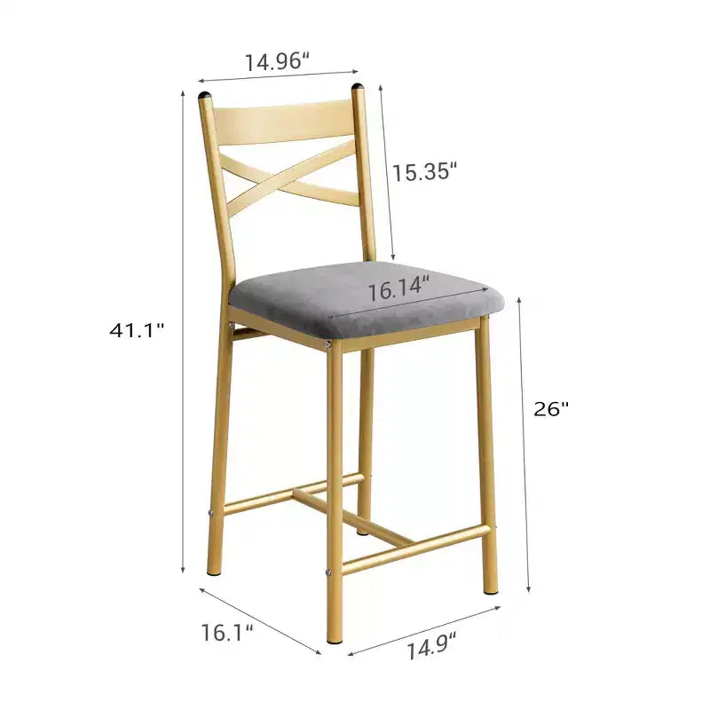 Bar Stools Set of 2, Counter Height Barstools w/Footrest & Back, Modern Upholstered Bar Chairs, Metal Bar Stools for Kitchen Counter, Island