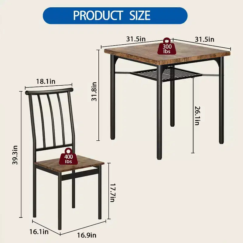 Ensemble table à manger et 2 chaises avec pieds réglables, table carrée rustique en bois 3 pièces et 2 chaises avec casier à vin sous la table pour