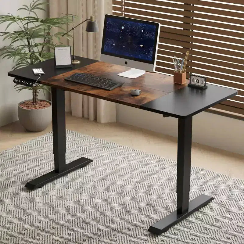MAYEERTY Bureau assis-debout électrique à hauteur réglable avec double poutre et moteur unique de 55", cadre de bureau pour la maison et le bureau avec plateau en tranches, noir et marron