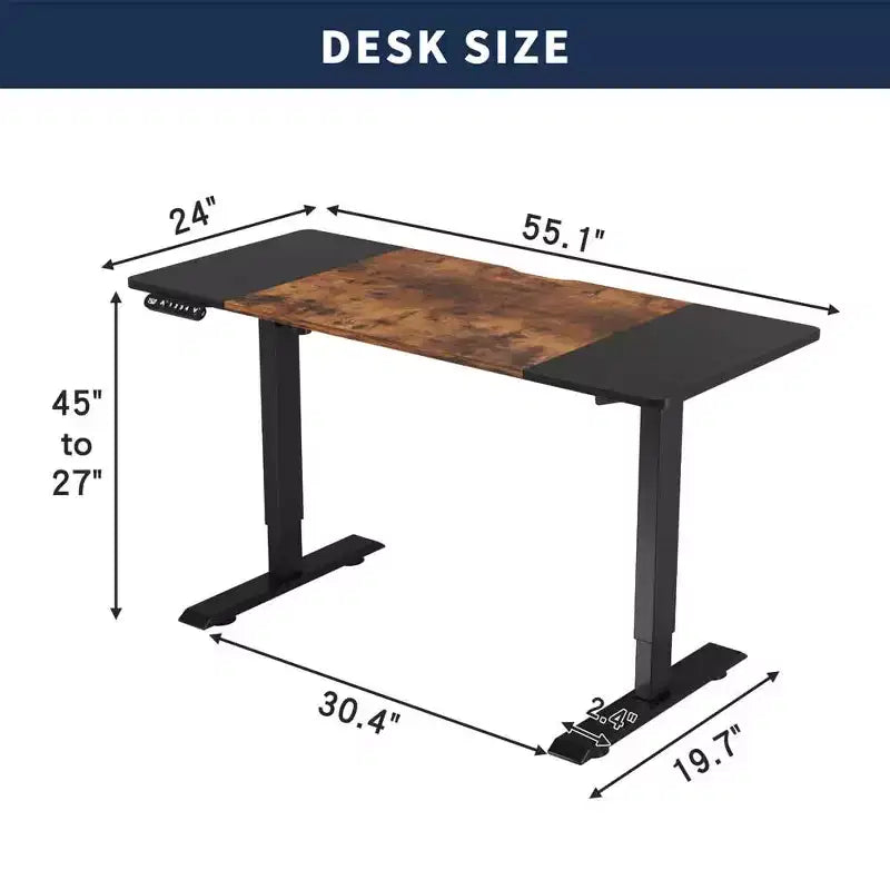 MAYEERTY Bureau assis-debout électrique à hauteur réglable avec double poutre et moteur unique de 55", cadre de bureau pour la maison et le bureau avec plateau en tranches, noir et marron