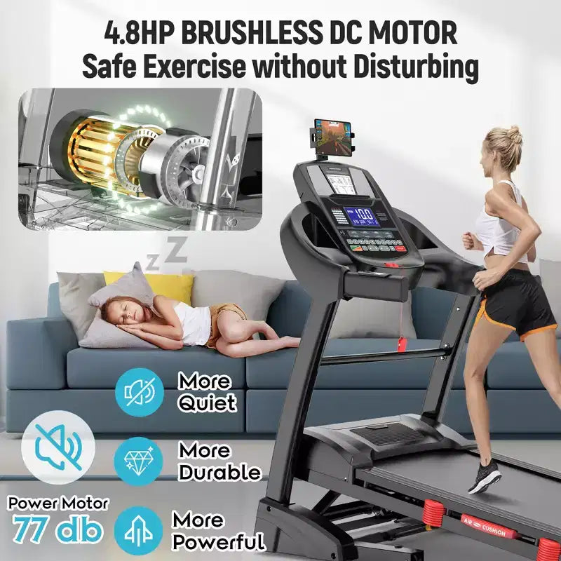 Folding Treadmill with Auto Incline  4.8HP Motor, 20% Incline, Heart Rate Monitor, Bluetooth Speakers, 300 lb Capacity