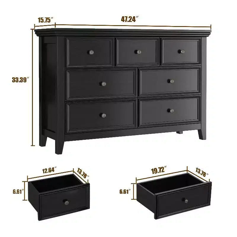 Commode noire, commode moderne pour chambre à coucher, table de chevet à 7 tiroirs, armoire en bois grande capacité pour chambre à coucher, salon, placards, couloir