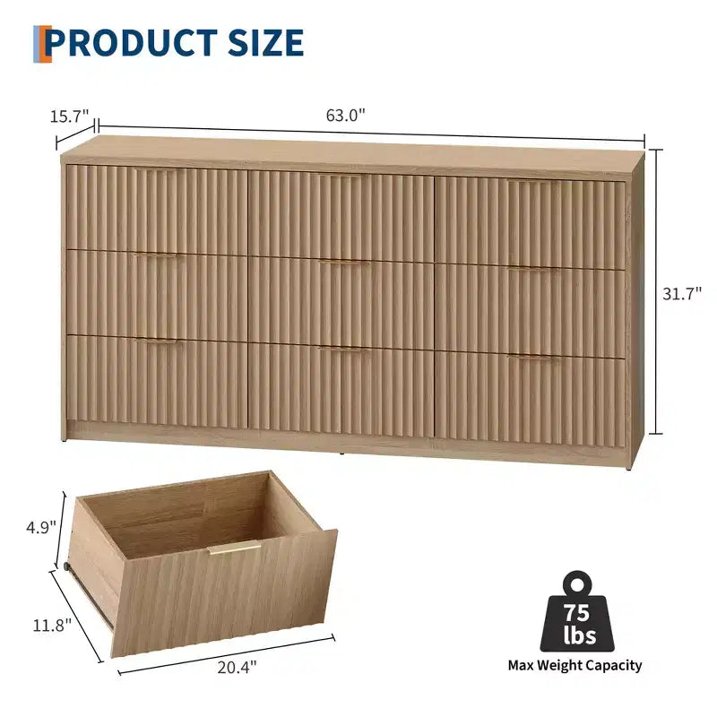 63 Wide 9-Drawer Low-Boy Dresser, Waterproof Wood-Grain Top, Smooth Metal Rails, 75 lb TV Stand, Stable Base, Easy-Clean Handles for Home & Bedroom
