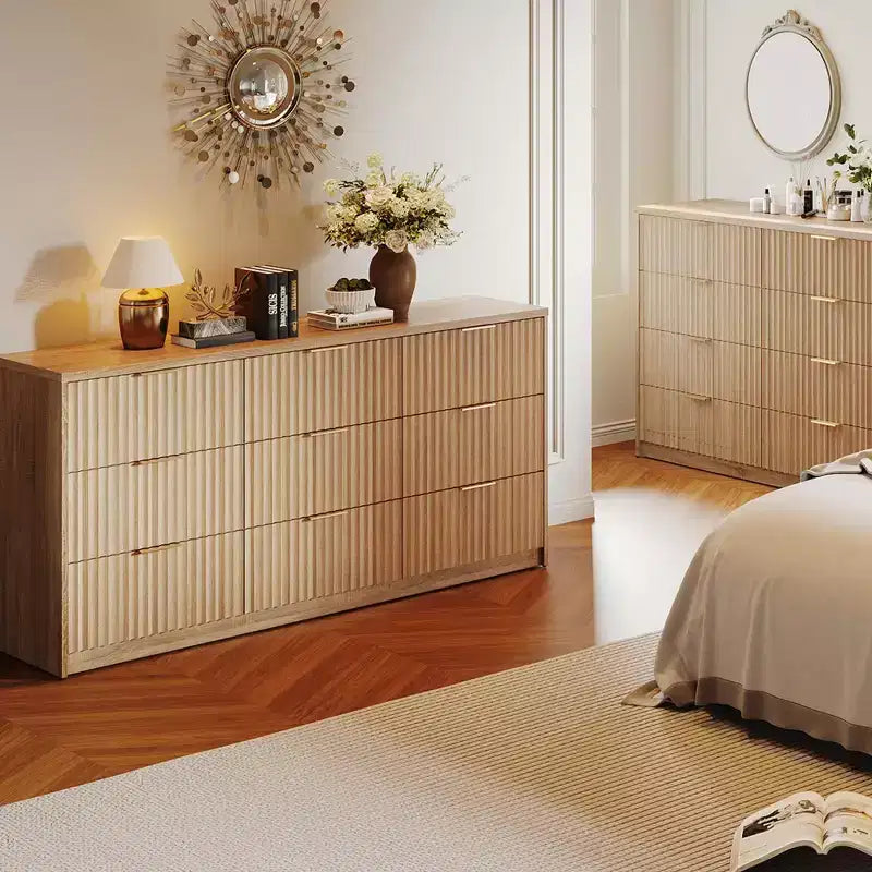 63 Wide 9-Drawer Low-Boy Dresser, Waterproof Wood-Grain Top, Smooth Metal Rails, 75 lb TV Stand, Stable Base, Easy-Clean Handles for Home & Bedroom