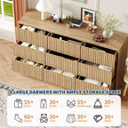 63 Wide 9-Drawer Low-Boy Dresser, Waterproof Wood-Grain Top, Smooth Metal Rails, 75 lb TV Stand, Stable Base, Easy-Clean Handles for Home & Bedroom