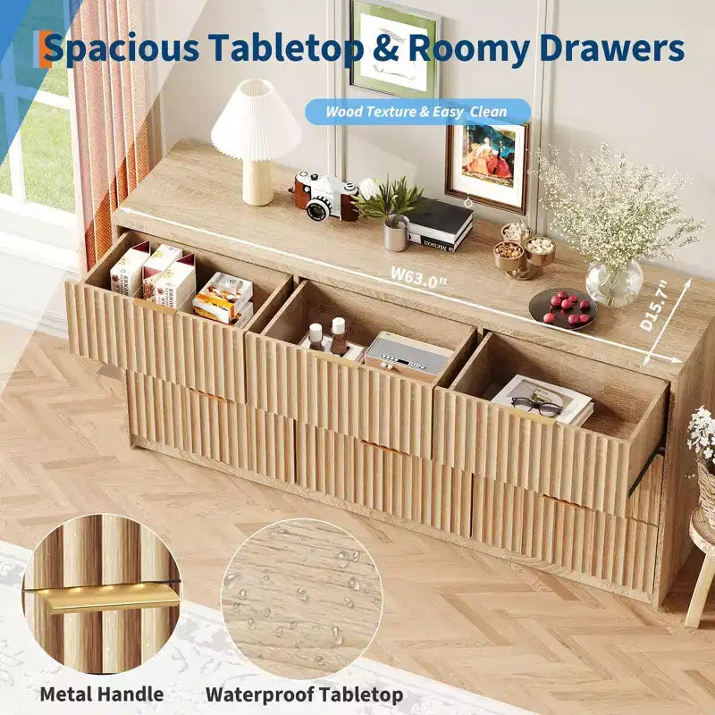 63 Wide 9-Drawer Low-Boy Dresser, Waterproof Wood-Grain Top, Smooth Metal Rails, 75 lb TV Stand, Stable Base, Easy-Clean Handles for Home & Bedroom