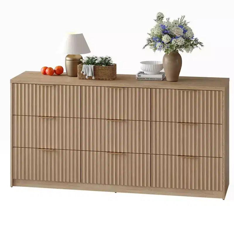 63 Wide 9-Drawer Low-Boy Dresser, Waterproof Wood-Grain Top, Smooth Metal Rails, 75 lb TV Stand, Stable Base, Easy-Clean Handles for Home & Bedroom