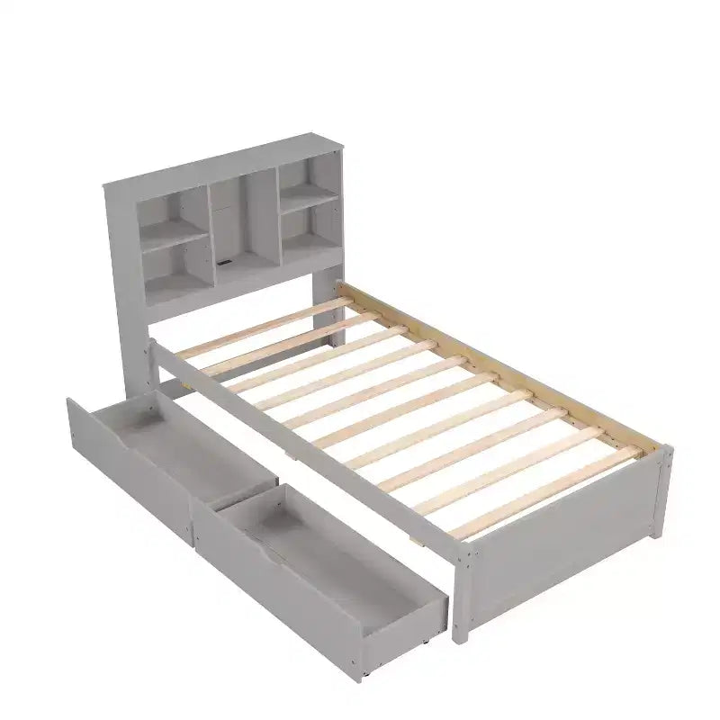 Okak Twin Modern Bed Frame with Wooden Storage Headboard & Built-in LED/USB,Bookcase Platform Bed for Bedroom,Kids Room