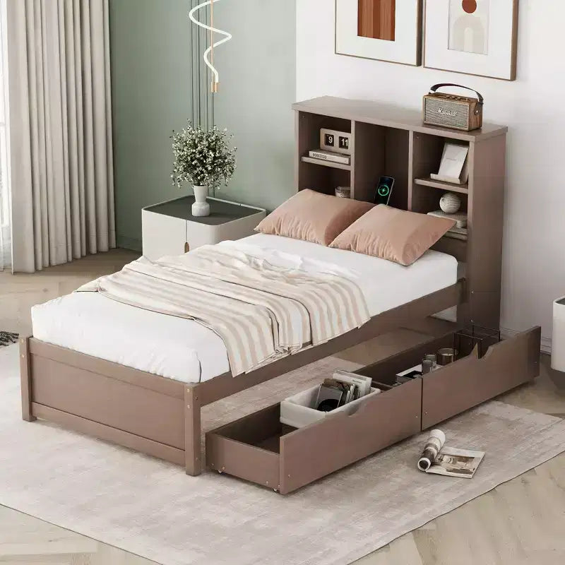 Okak Twin Modern Bed Frame with Wooden Storage Headboard & Built-in LED/USB,Bookcase Platform Bed for Bedroom,Kids Room
