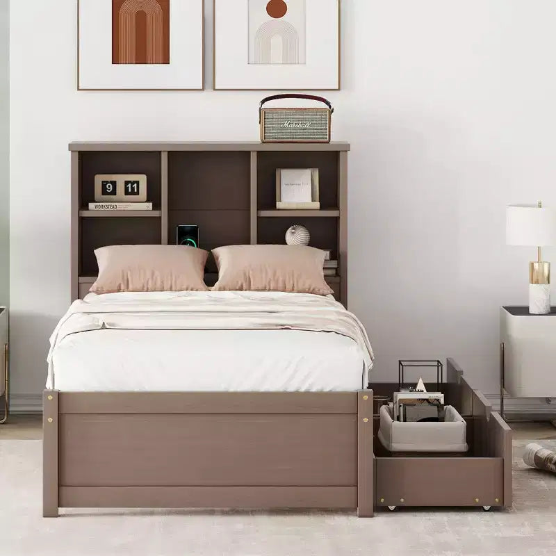 Okak Twin Modern Bed Frame with Wooden Storage Headboard & Built-in LED/USB,Bookcase Platform Bed for Bedroom,Kids Room