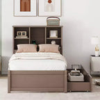 Okak Twin Modern Bed Frame with Wooden Storage Headboard & Built-in LED/USB,Bookcase Platform Bed for Bedroom,Kids Room