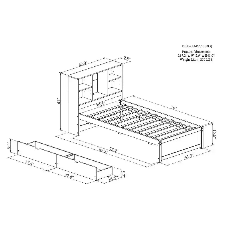 Okak Twin Modern Bed Frame with Wooden Storage Headboard & Built-in LED/USB,Bookcase Platform Bed for Bedroom,Kids Room